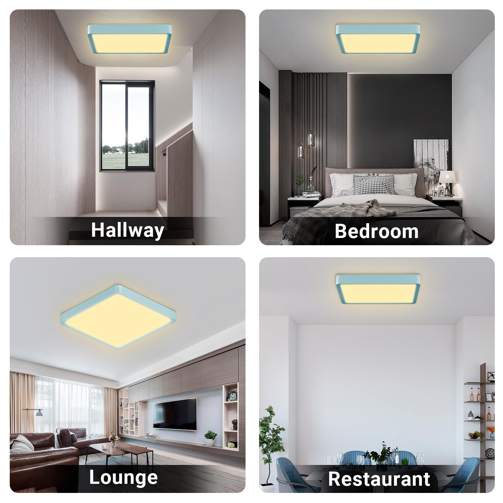 Quadratische LED-Deckenleuchte flach, hellblauer Rahmen, warmweißes Licht in mehreren Räumen
