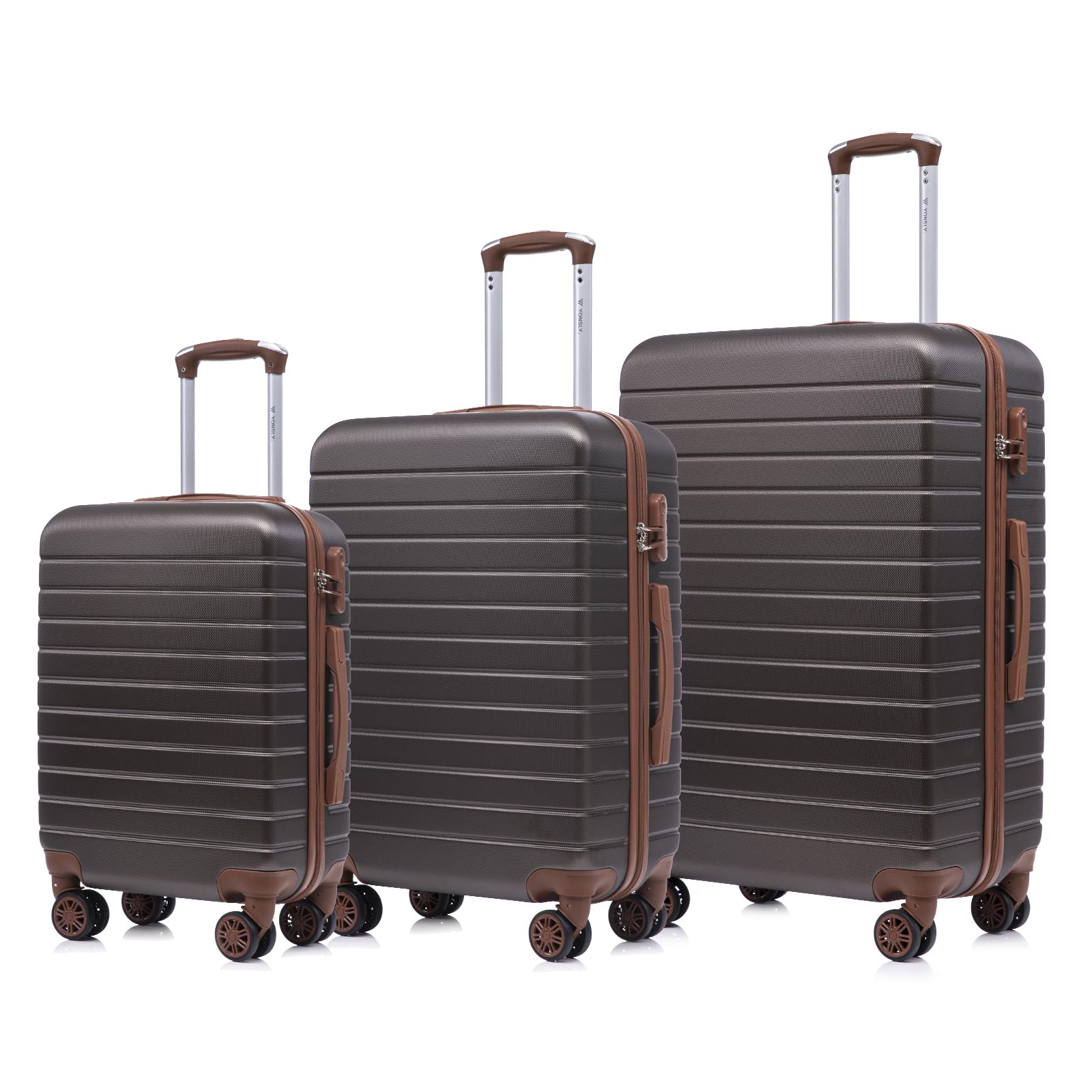 Kofferset mit 3 Hartschalen-Trolleys dunkelgrau, 4 Rollen, Teleskopgriff, braune Kanten