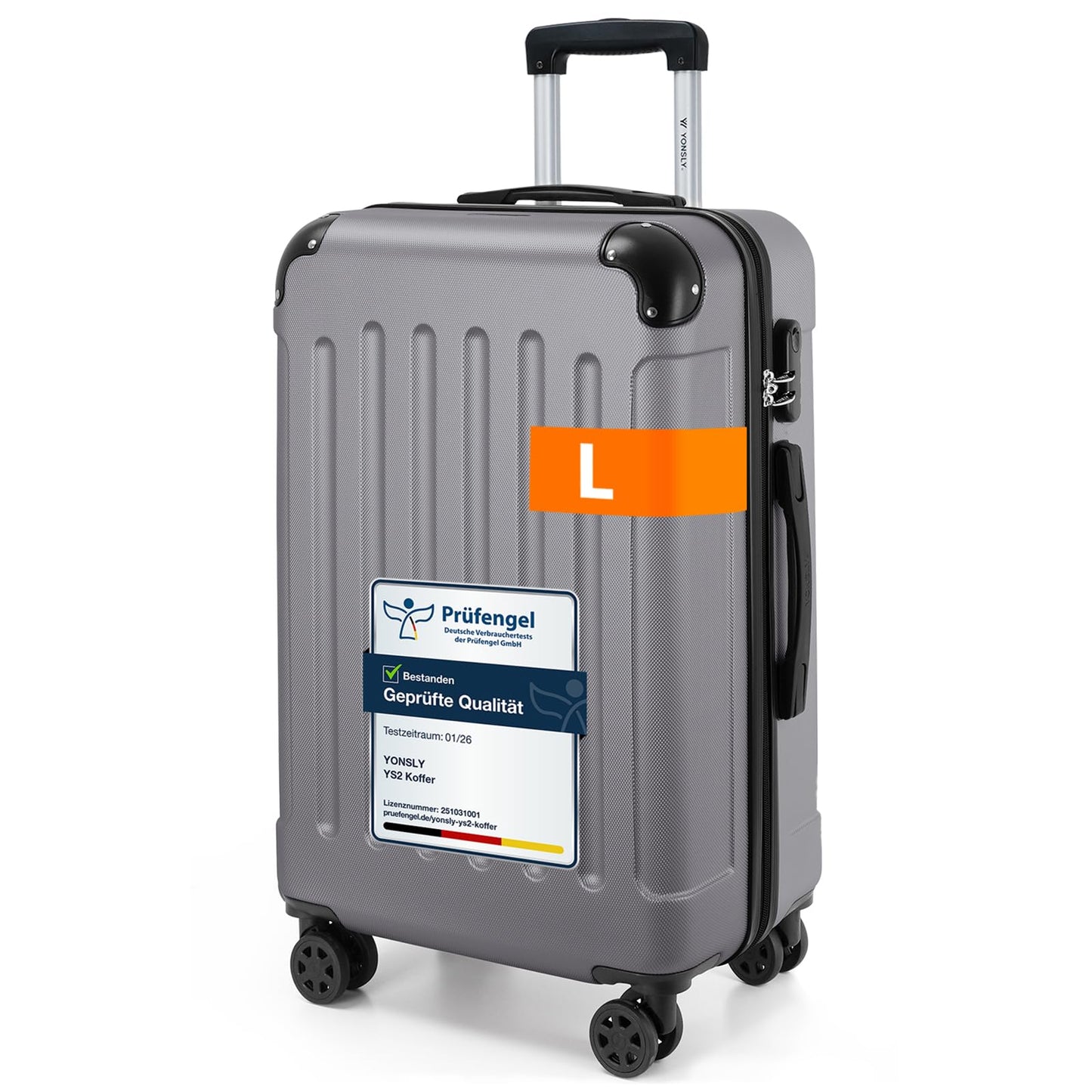 Hartschalen-Trolley-Gepäckkoffer, grau, Größe L, mit Zahlenschloss und 4 Rollen