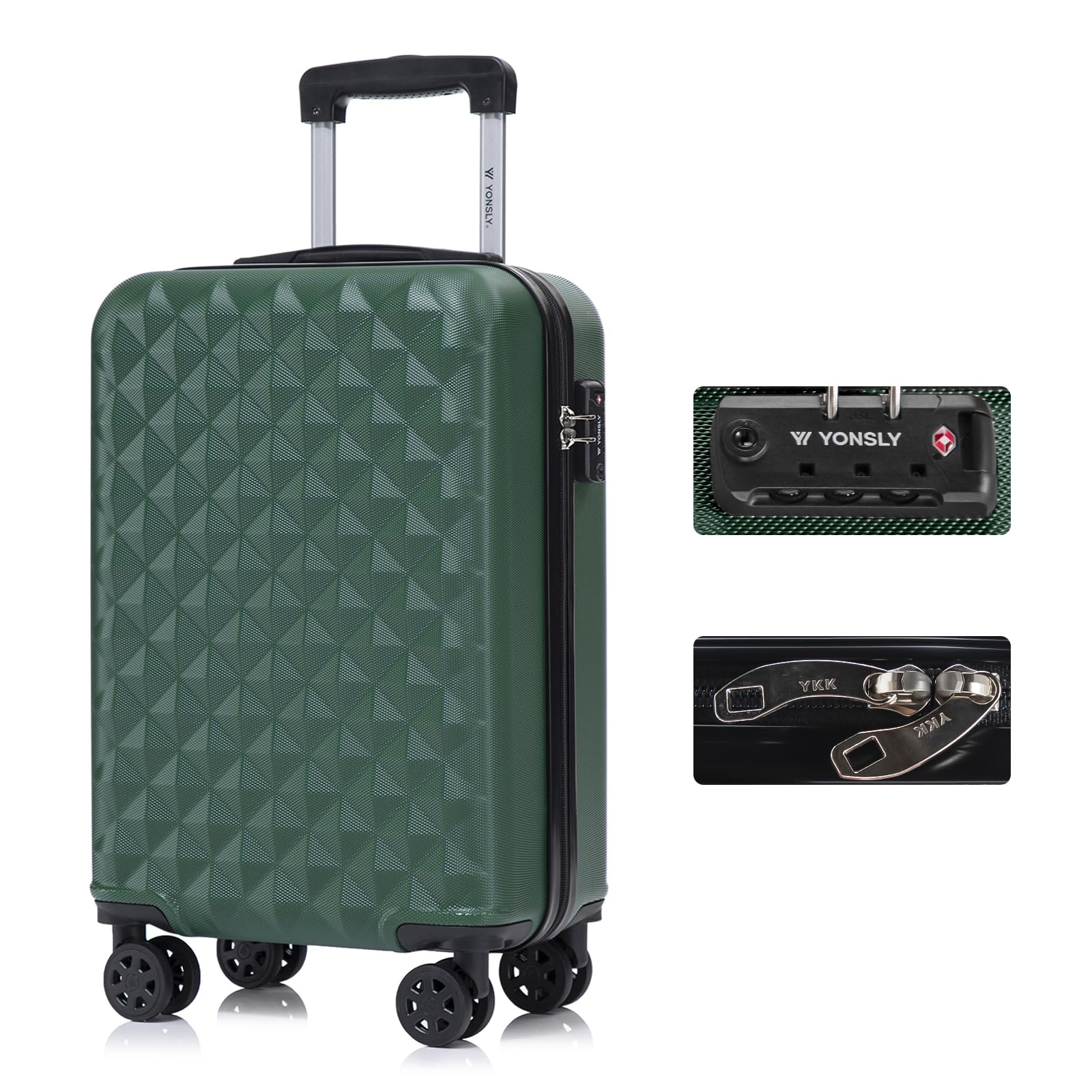 YONSLY® Hartschalenkoffer in Dunkelgrün mit TSA-Schloss, 4 Rollen und Trolleygriff