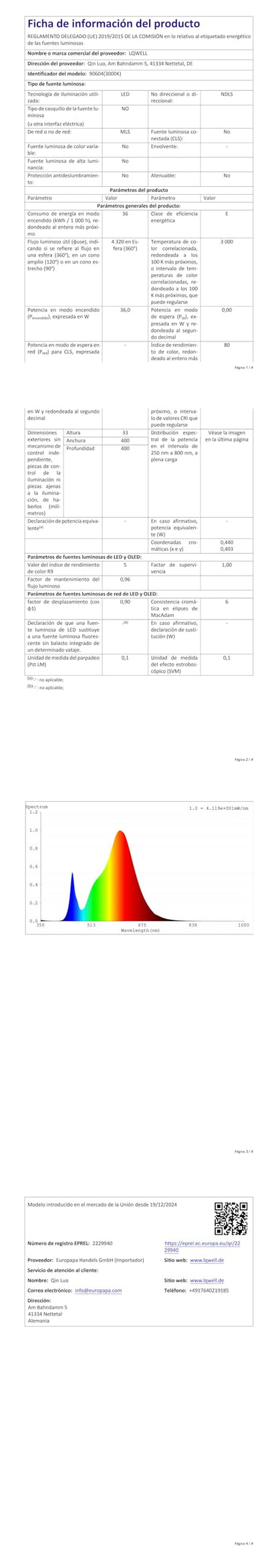 LQWELL® LED-Deckenleuchte Datenblatt-Seite mit technischen Tabellen und Spezifikationen