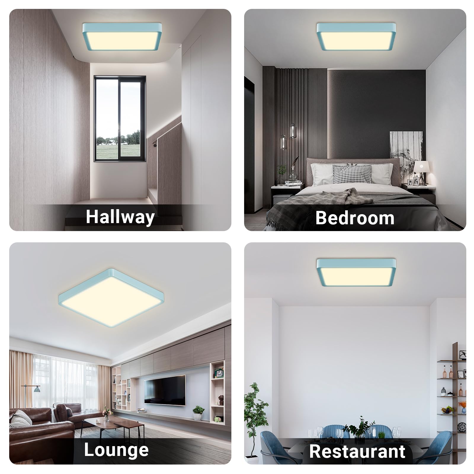 Flache quadratische LED-Deckenleuchte mit hellblauem Rahmen, in mehreren Räumen