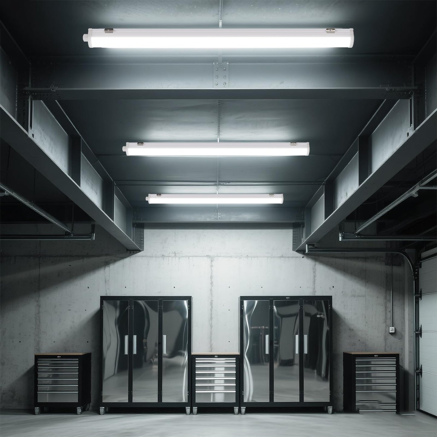 LED-Wannenleuchten im Mehrfach-Setup, schmale weiße Leuchtenlinie an der Decke