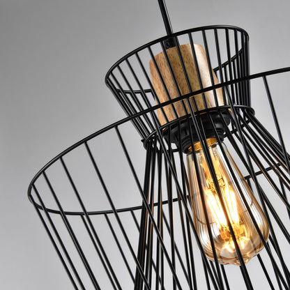 Schwarze Pendelleuchte mit Holzdetail und sichtbarem Filament im Metallkäfig, E27