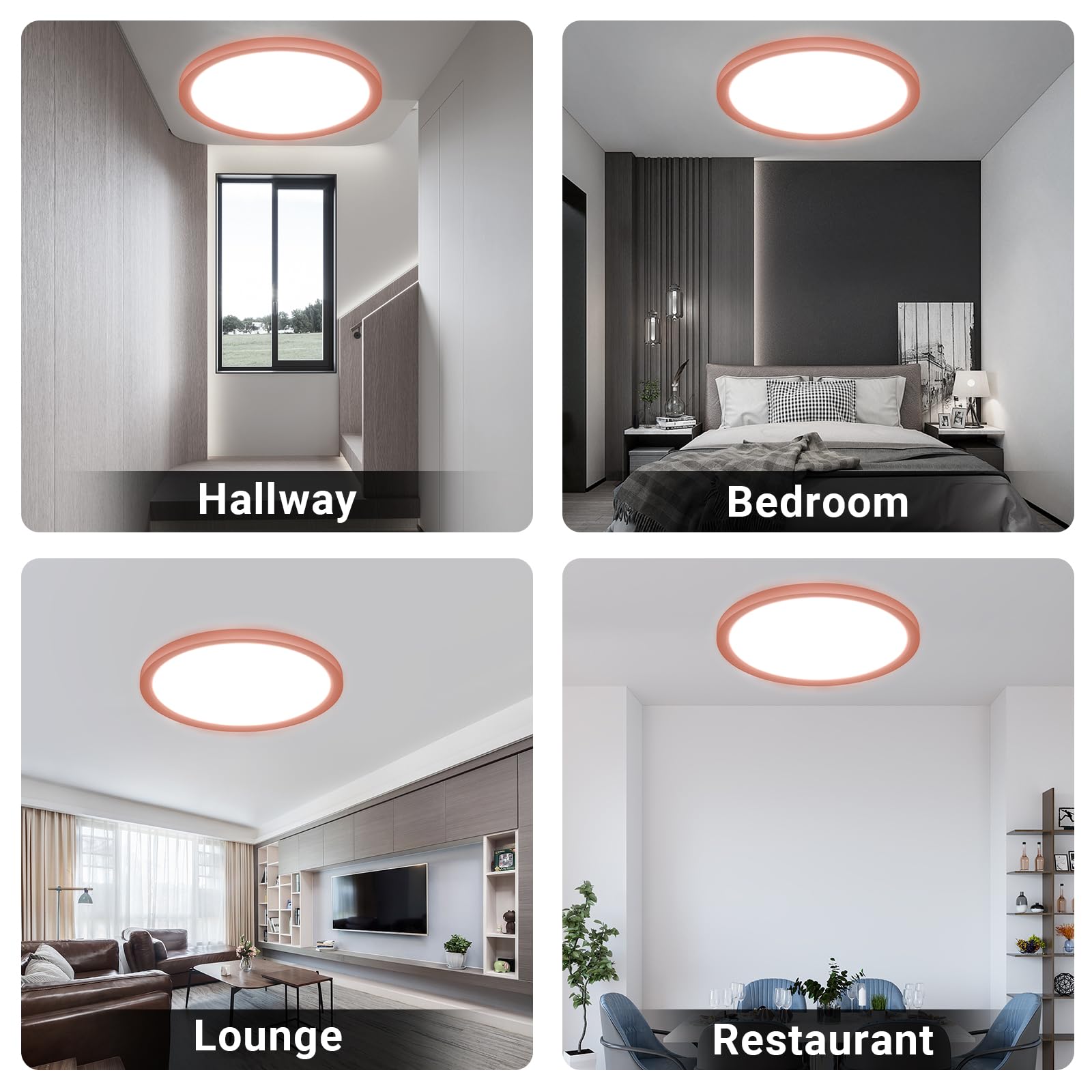 Runde LED-Deckenleuchte im Raum, vier Ansichten: Flur, Schlafzimmer, Lounge, Restaurant