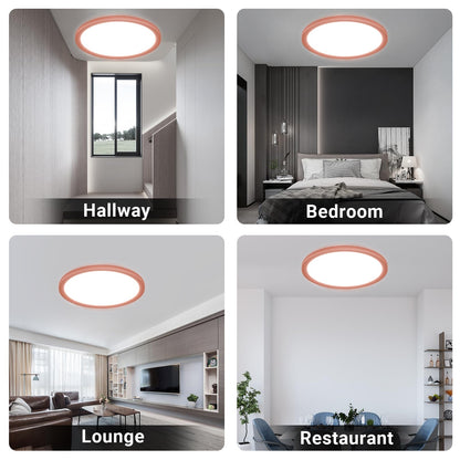 Runde LED-Deckenleuchte im Raum, vier Ansichten: Flur, Schlafzimmer, Lounge, Restaurant