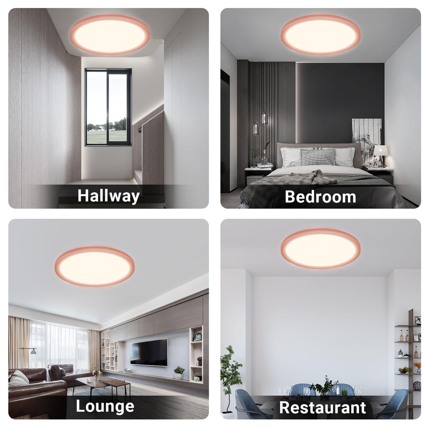 Runde LED-Deckenleuchte in mehreren Räumen, warmweißer Lichtkranz