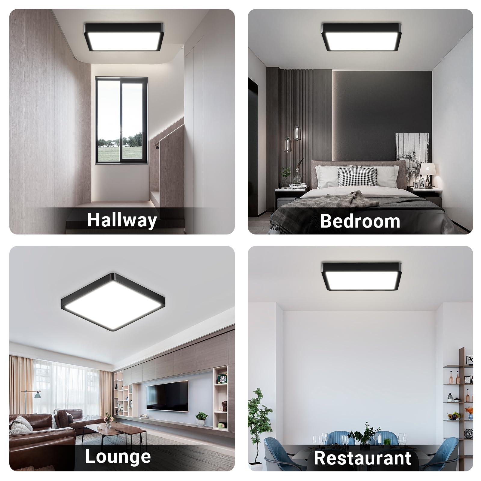 Quadratische LED-Deckenleuchte mit schwarzem Rahmen für verschiedene Wohnbereiche.