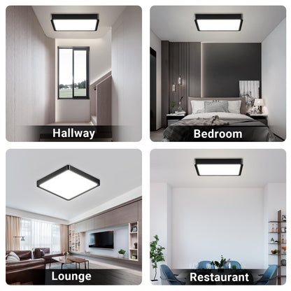 Quadratische LED-Deckenleuchte mit schwarzem Rahmen für verschiedene Wohnbereiche.