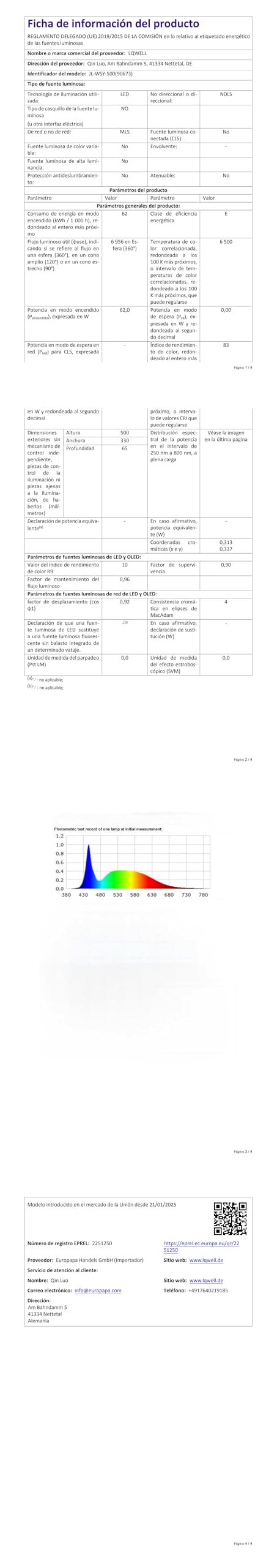 Technisches Datenblatt der Deckenleuchte mit Tabelle und Farbspektrum-Diagramm
