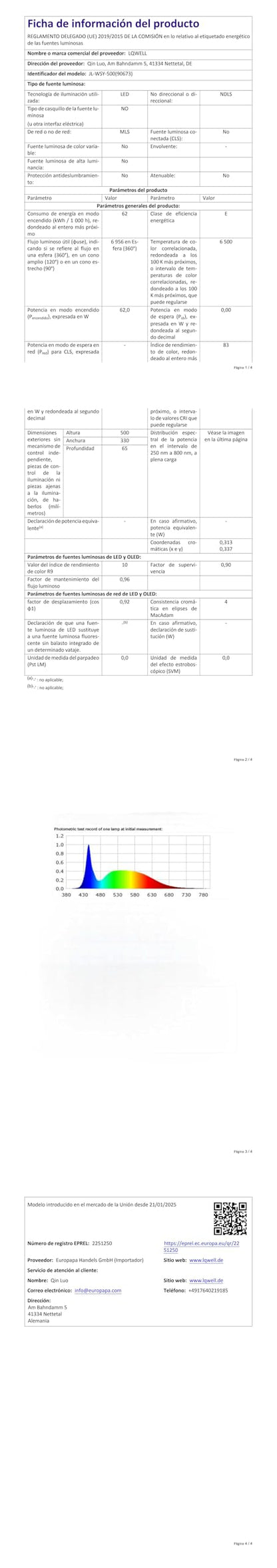 Technisches Datenblatt der Deckenleuchte mit Tabelle und Farbspektrum-Diagramm