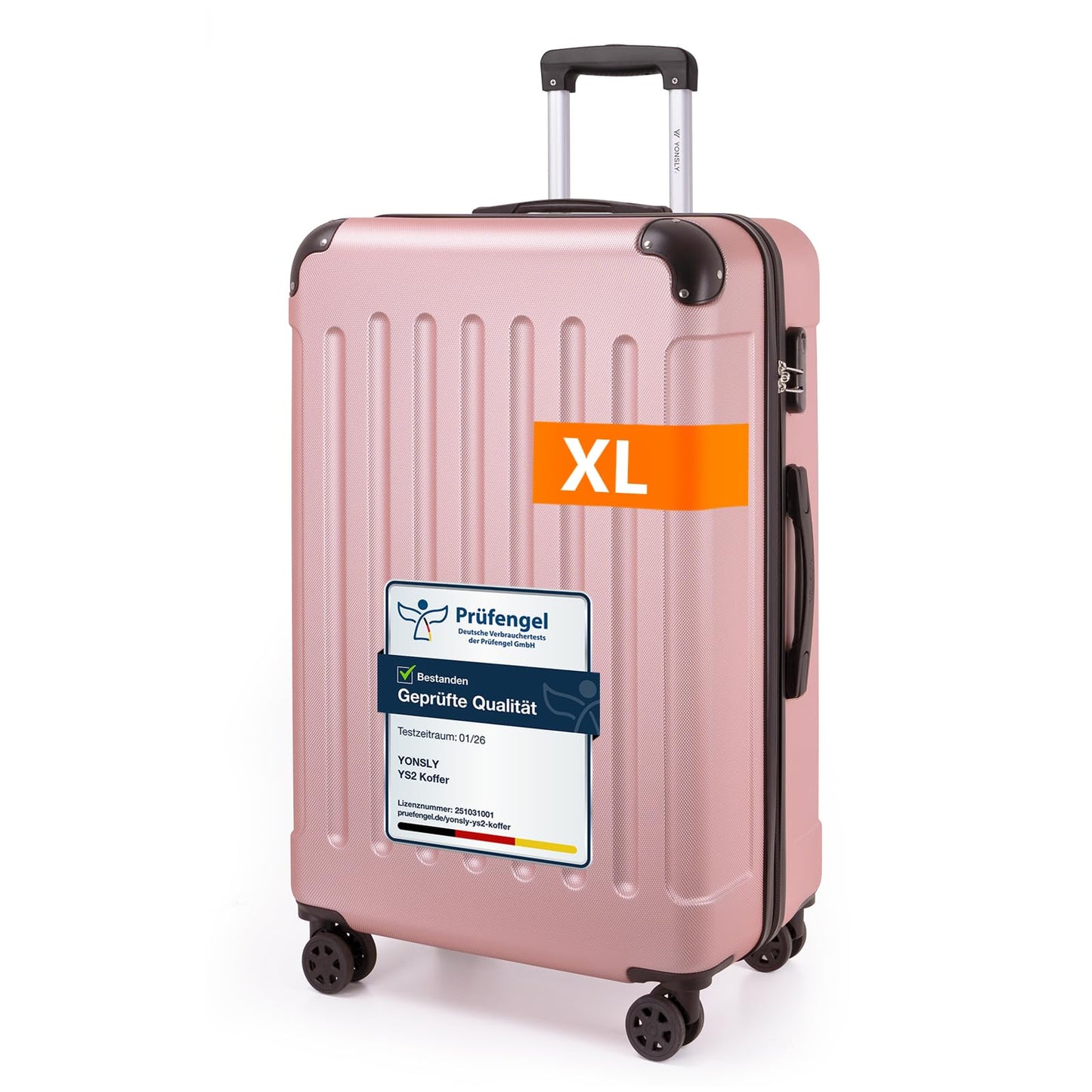 Champagnerfarbener Hartschalen-Reisekoffer mit Teleskopgriff und Lenkrollen, Größe XL