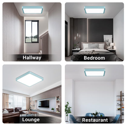Quadratische LED-Deckenleuchte, flaches Panel mit blauem Rahmen in verschiedenen Räumen