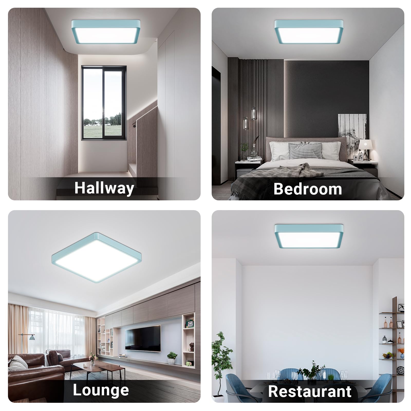 Quadratische LED-Deckenleuchte flach, hellblauer Rahmen, mehrere Ansichten am Deckenbereich.