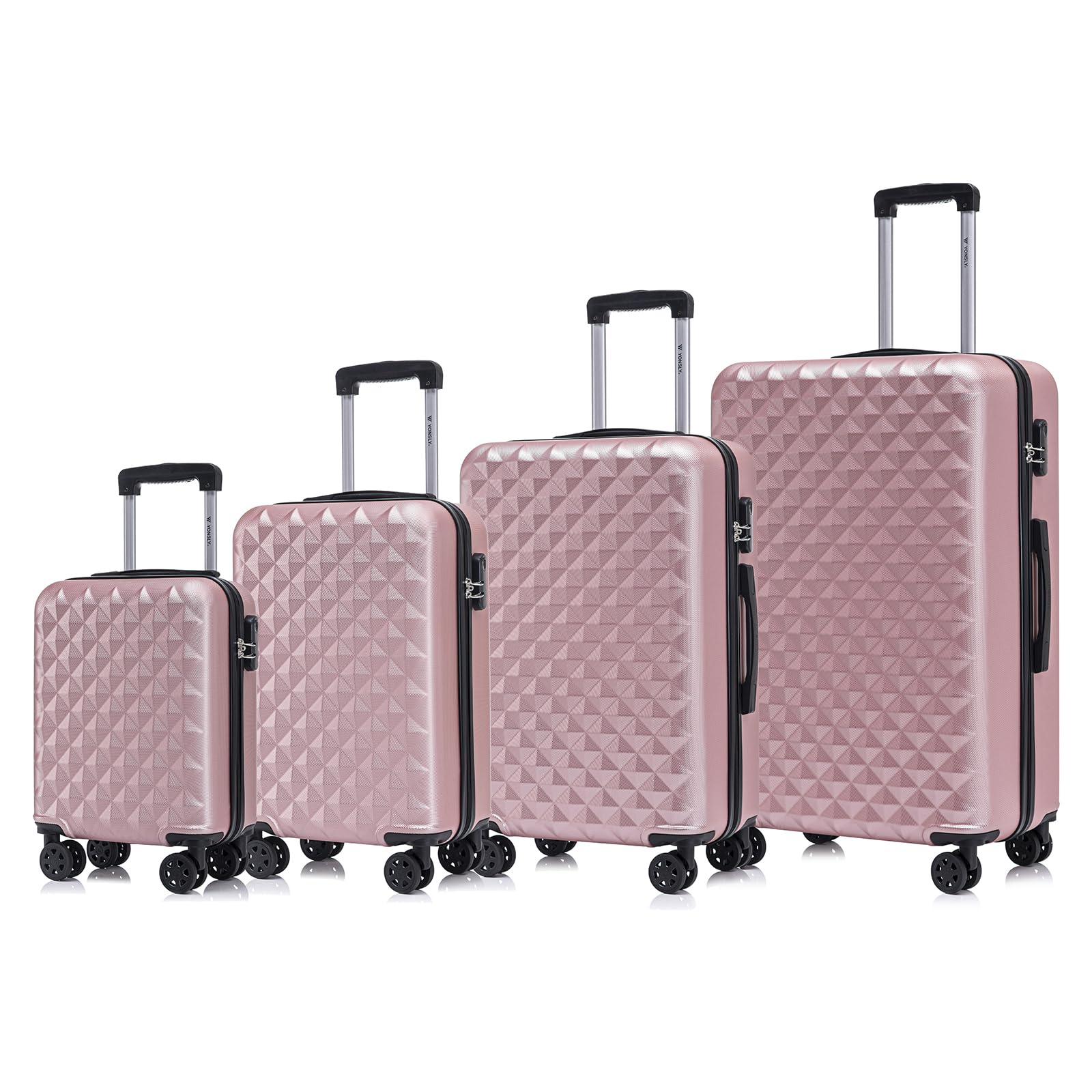 4-teiliges Koffer-Set in Rosé mit Hartschale, Zahlenschloss, Teleskopgriff und Rollen.
