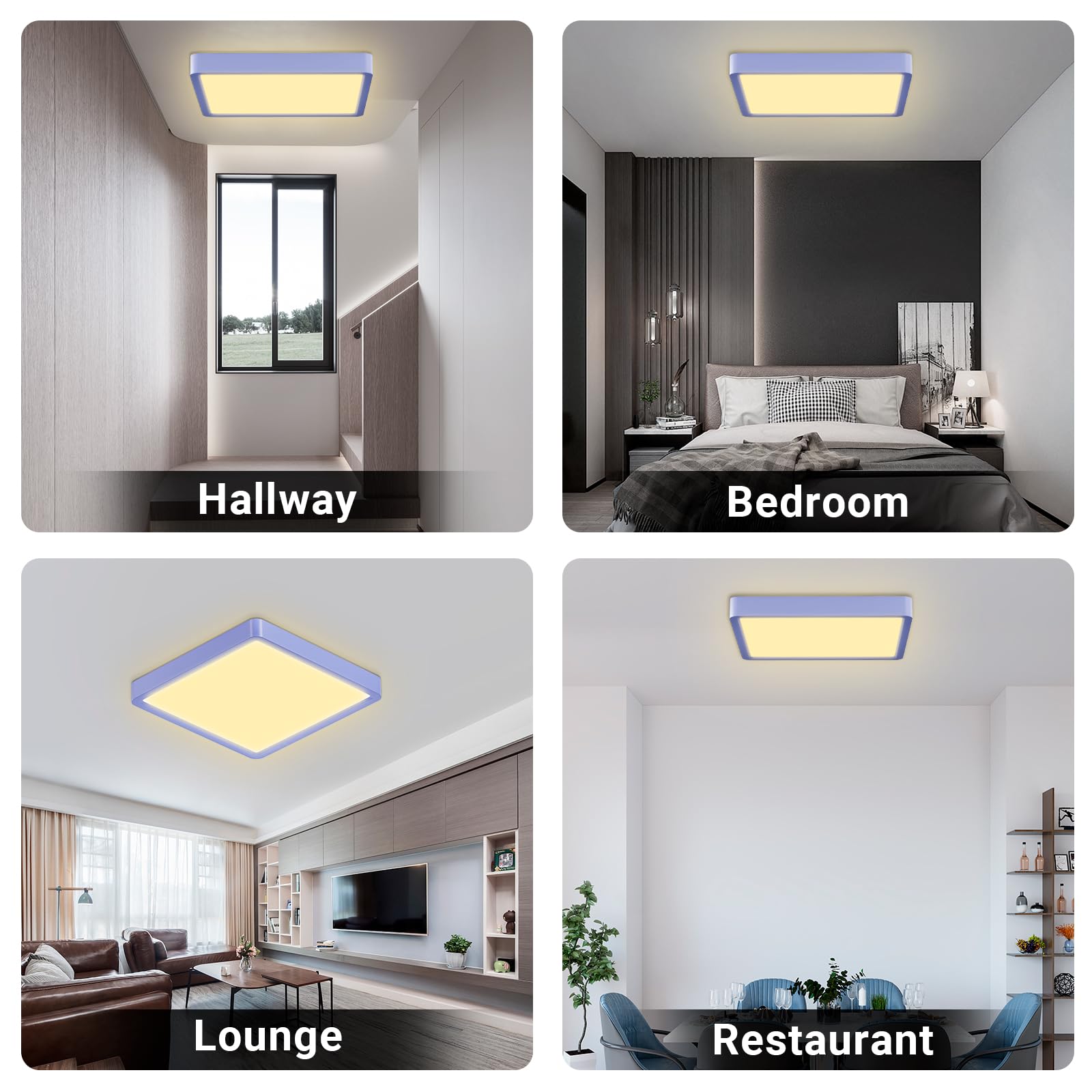 LED-Deckenleuchte in vier Raumansichten, quadratische flache Leuchte mit warmweißem Licht.