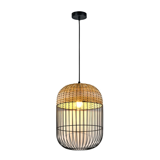 Hängelampe mit rattanartigem Lampenschirm und schwarzem Metallgitter, rund, mit E27-Fassung
