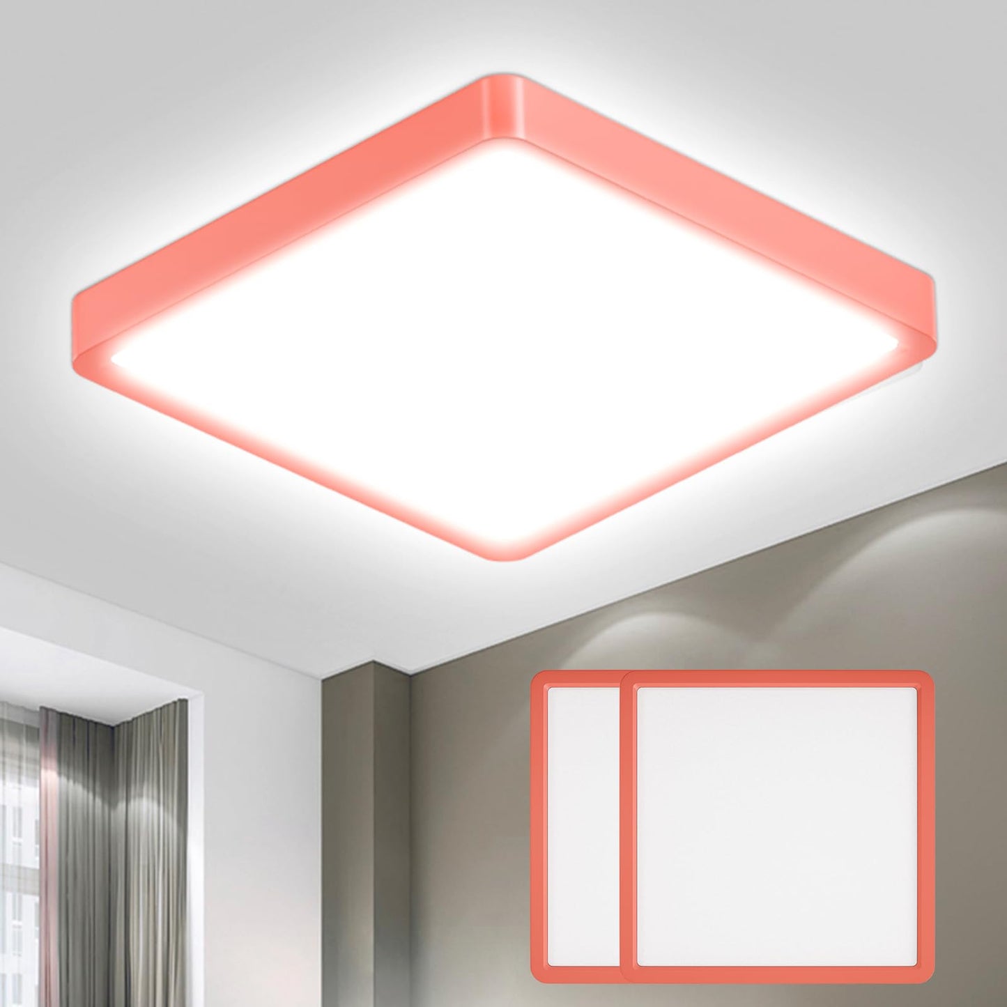 Quadratische LED-Deckenleuchte, flach montiert, mit orangefarbenem Rahmen und weißer Lichtfläche