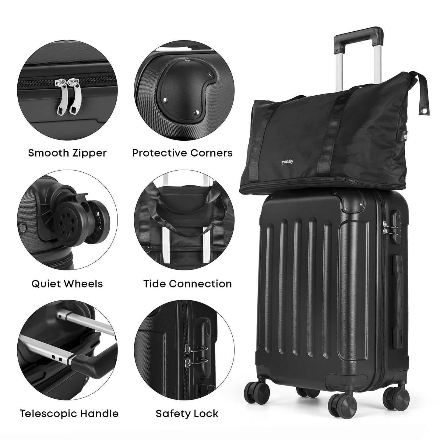 Reisekoffer-Set mit Hartschale und Rollkoffer, Details zu Rollen, Kanten und Zahlenschloss