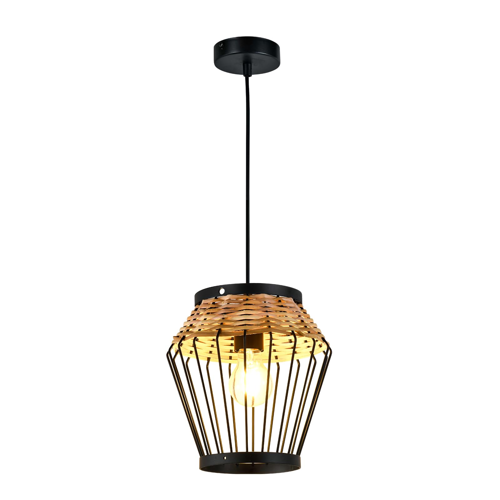 LQWELL® Hängelampe: schwarzer Metallrahmen, Rattankorb und offene Käfigoptik