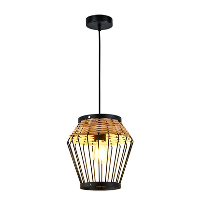 LQWELL® Hängelampe: schwarzer Metallrahmen, Rattankorb und offene Käfigoptik