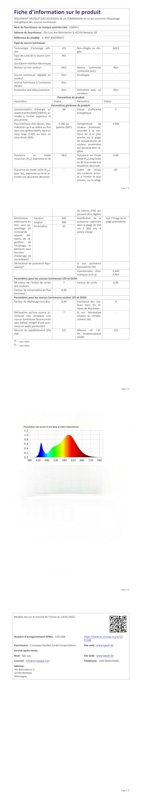 Technisches Datenblatt-Seite mit Tabellen und Farbbalkendiagramm zur LQWELL LED-Deckenleuchte