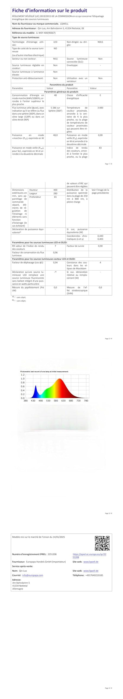 Technisches Datenblatt-Seite mit Tabellen und Farbbalkendiagramm zur LQWELL LED-Deckenleuchte