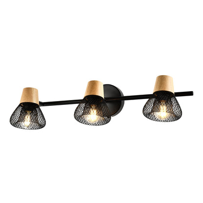 Wandleuchte mit drei Mesh-Schirmen, mattschwarzem Metallbalken und Holzsockeln