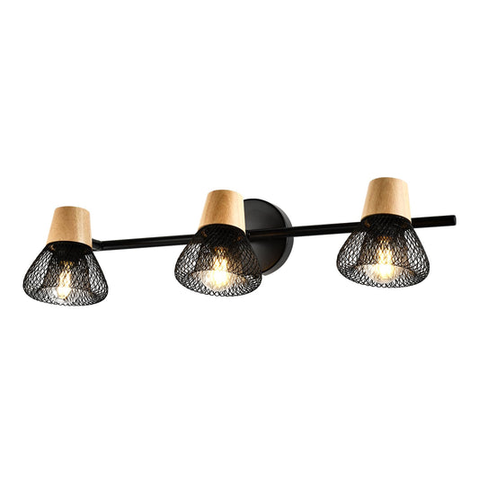 Wandleuchte mit drei Mesh-Schirmen, mattschwarzem Metallbalken und Holzsockeln