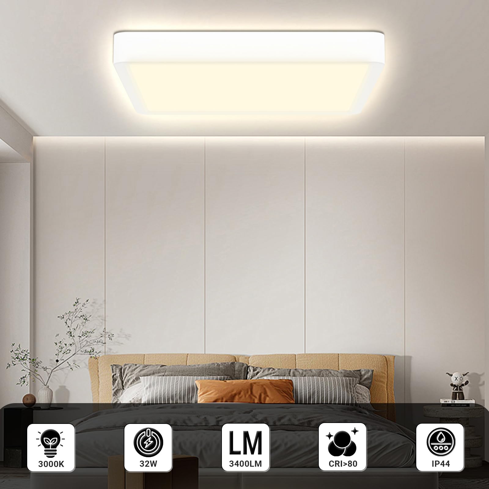 LQWELL® LED-Deckenleuchte quadratisch, flach montiert an der Decke im Wohnbereich