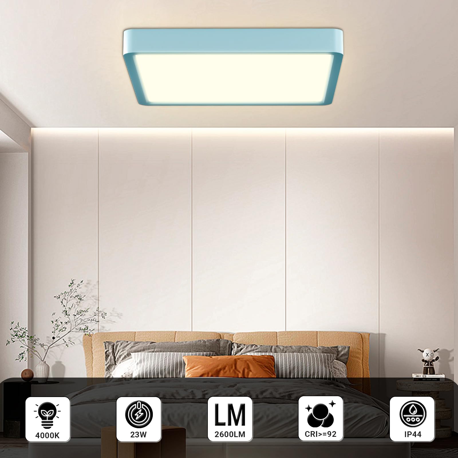 Quadratische LED-Deckenleuchte mit hellblauer Einfassung, Lichtfenster