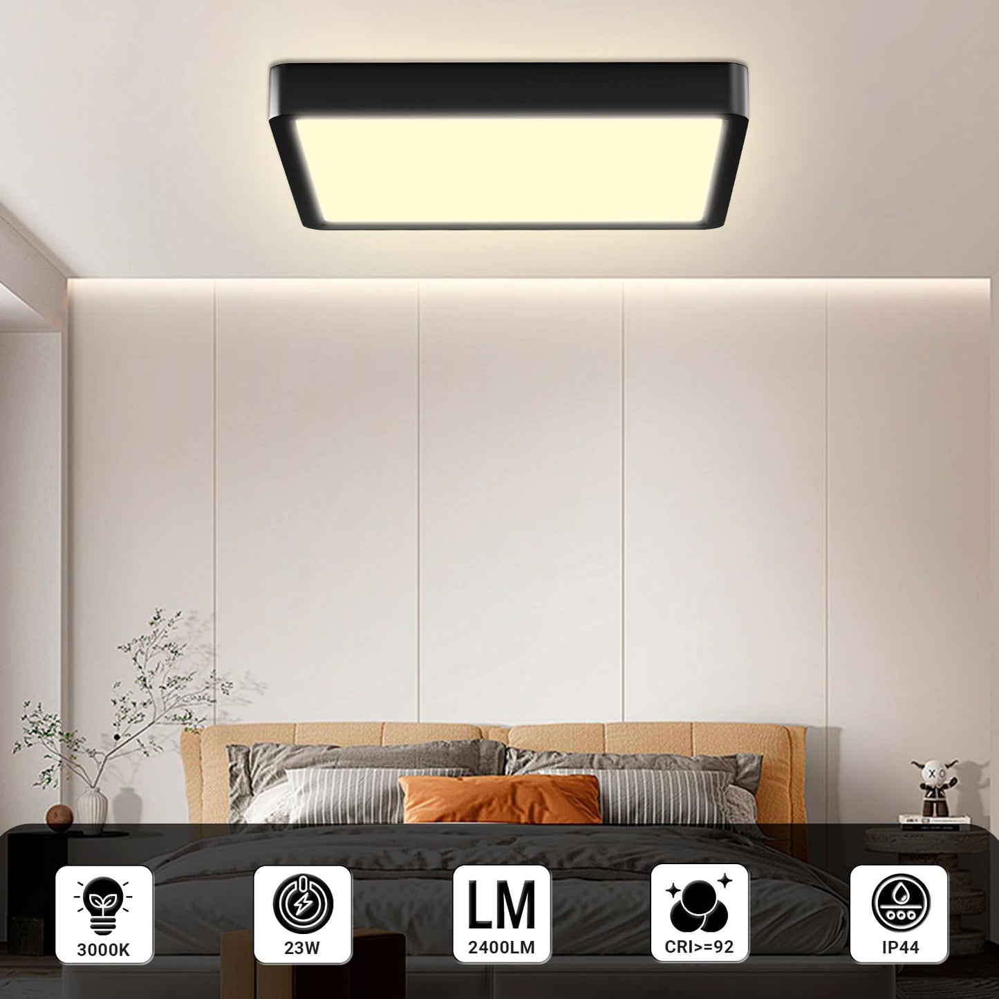 LED-Deckenleuchte, quadratisch flach, schwarzer Rahmen, warmweißes Licht, IP44