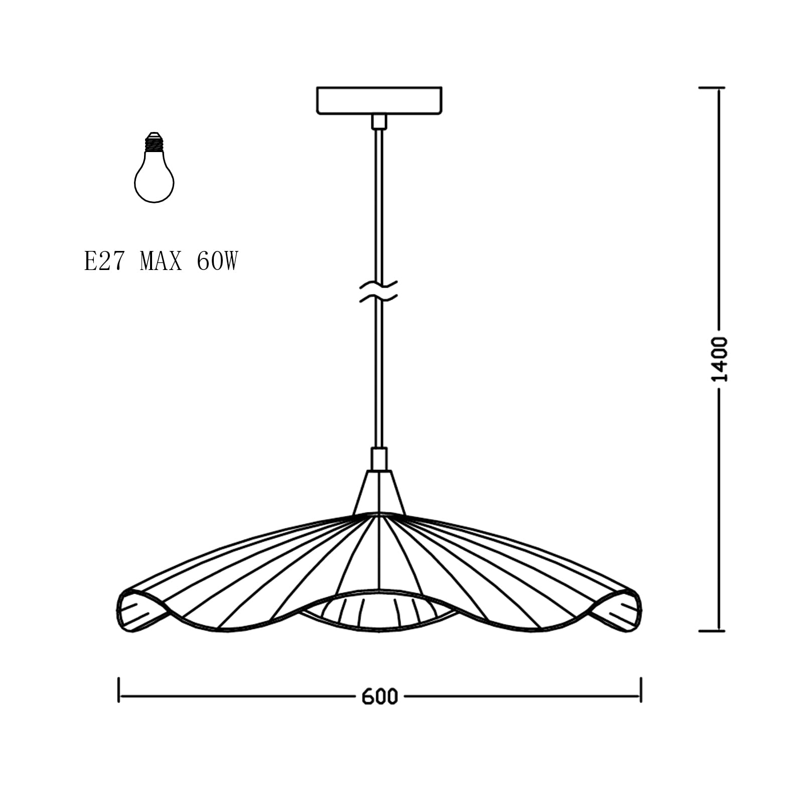Pendellampe mit schwarzem Drahtschirm, Abmessungen: B 600 mm, H 1400 mm
