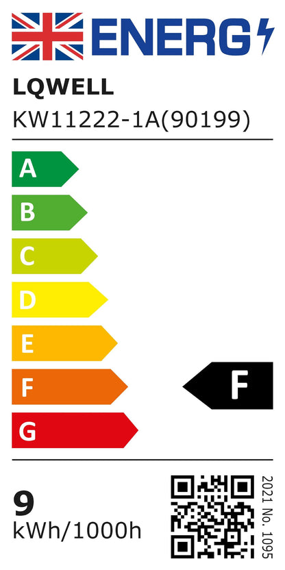 Energieeffizienzlabel mit Einstufung F und QR-Code, Verbrauch 9 kWh/1000h