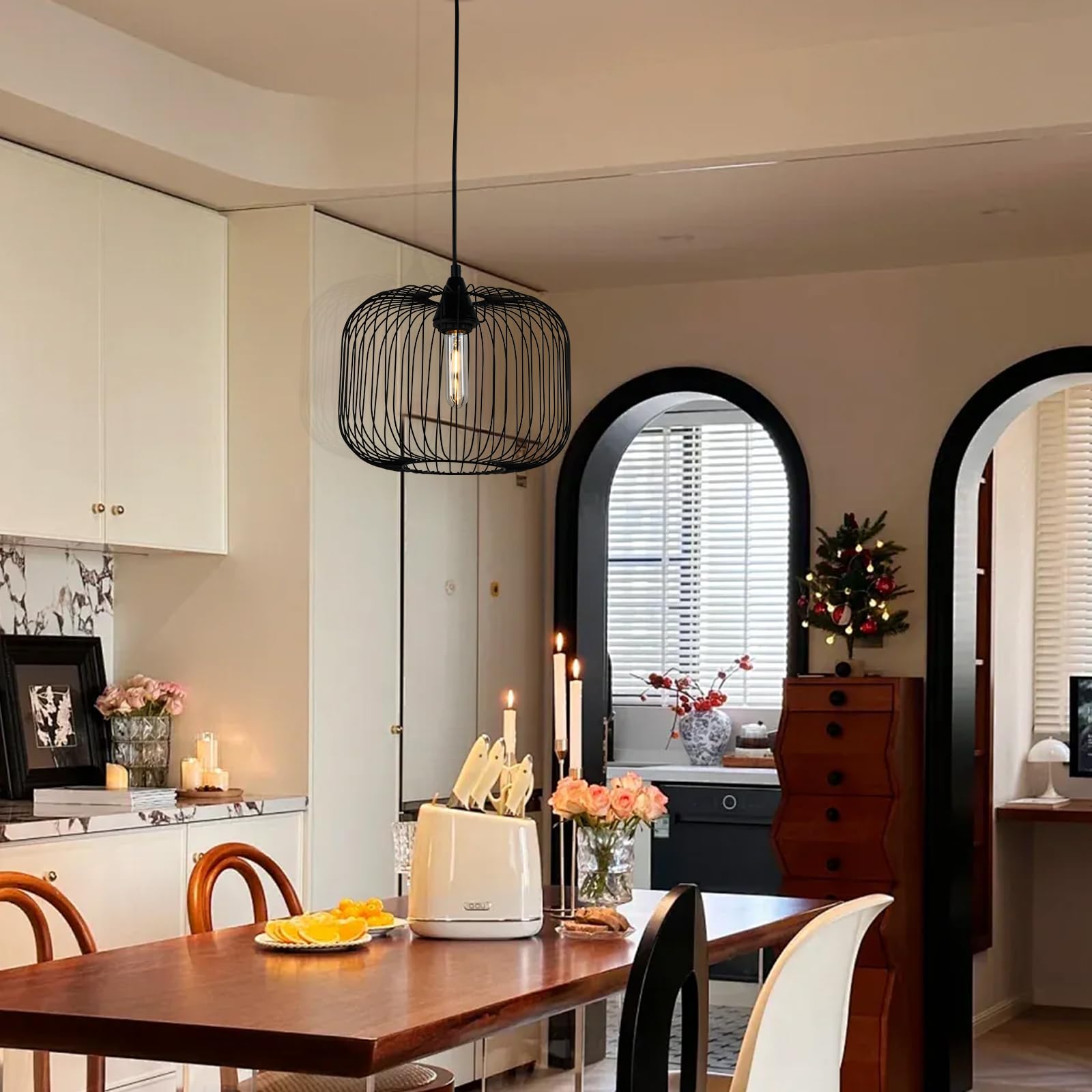 Schwarze Hängeleuchte mit rundem Drahtkäfig und sichtbarer E27-Lampe