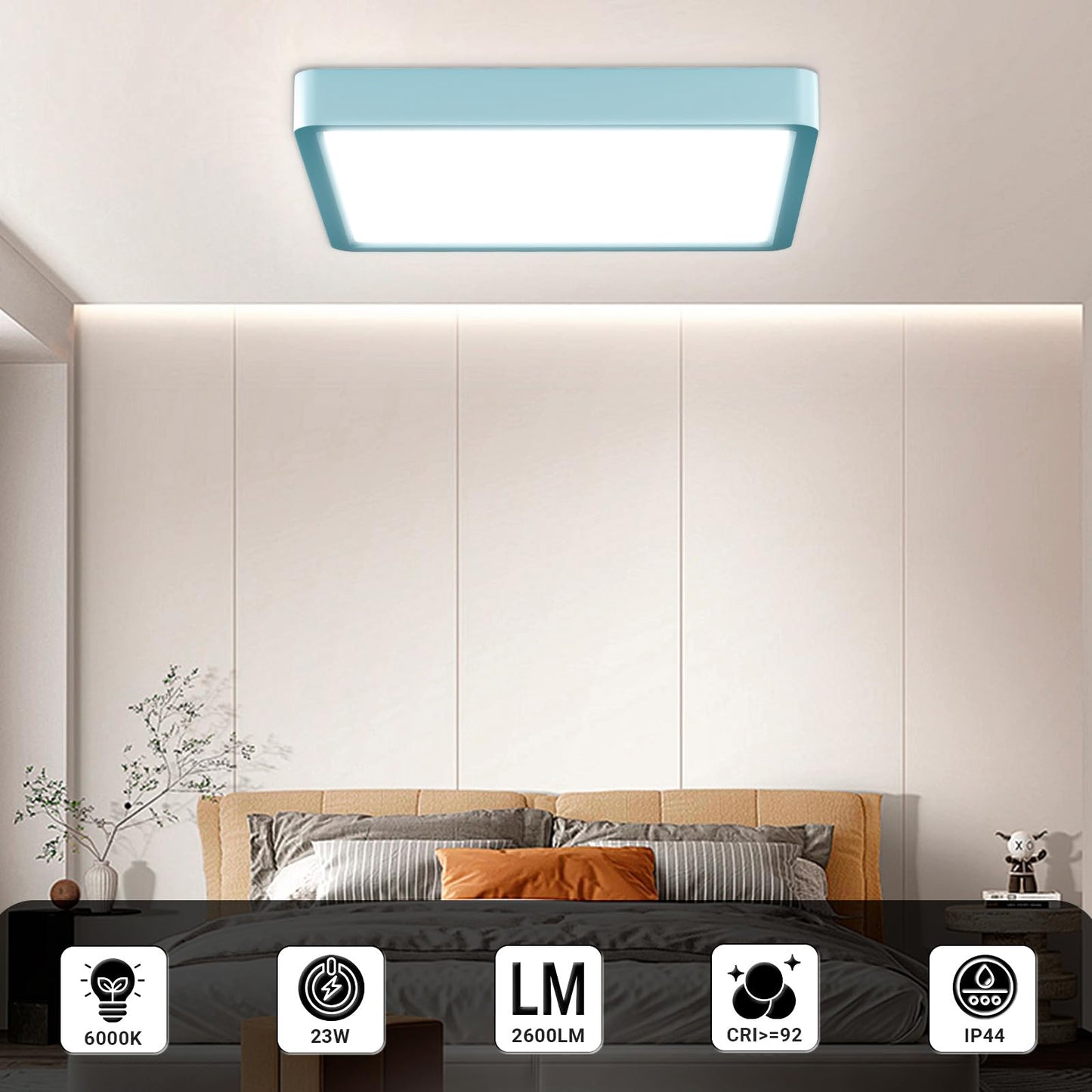 LED-Deckenleuchte quadratisch, flache Abdeckung mit hellblauem Rahmen.