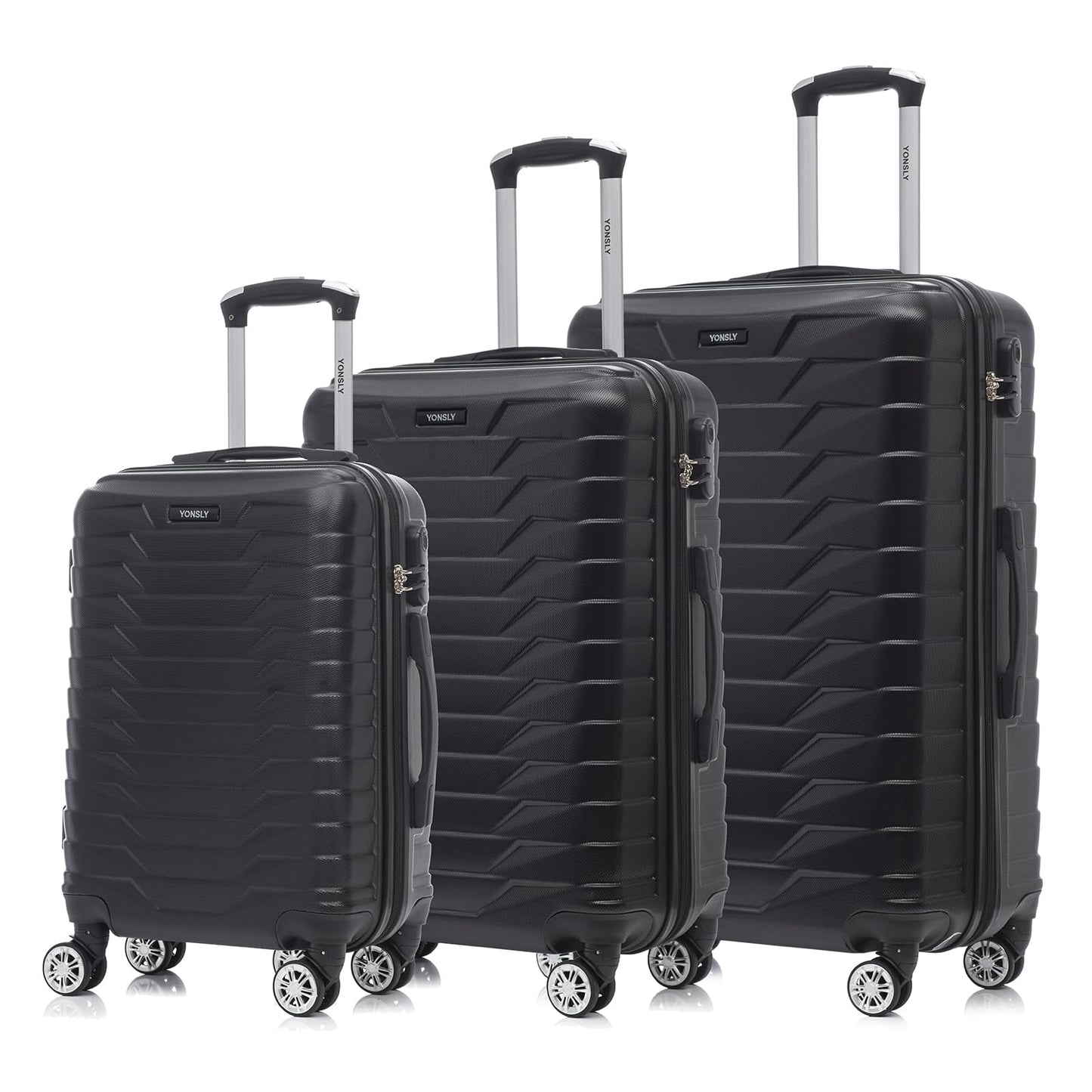 Reisekoffer-Set, 3 schwarze Hartschalen-Trolleys mit 4 Rollen 360° und Zahlenschloss