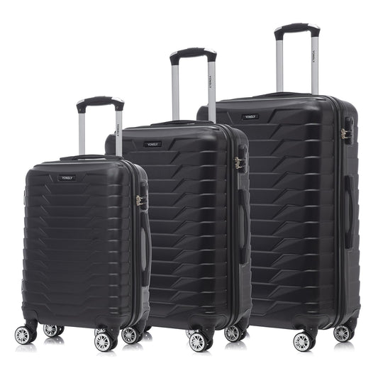 Reisekoffer-Set, 3 schwarze Hartschalen-Trolleys mit 4 Rollen 360° und Zahlenschloss