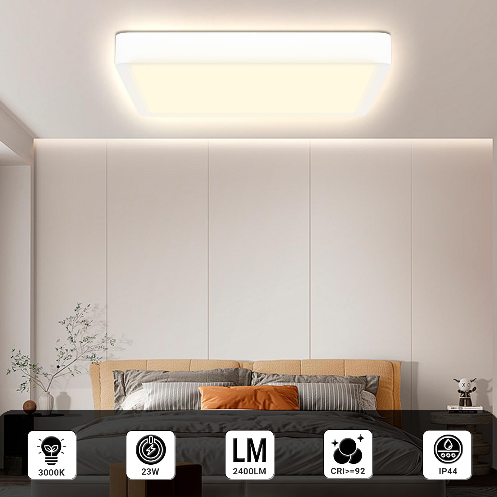 Quadratische LED-Deckenleuchte, flaches Design mit warmweißem Licht, weiß