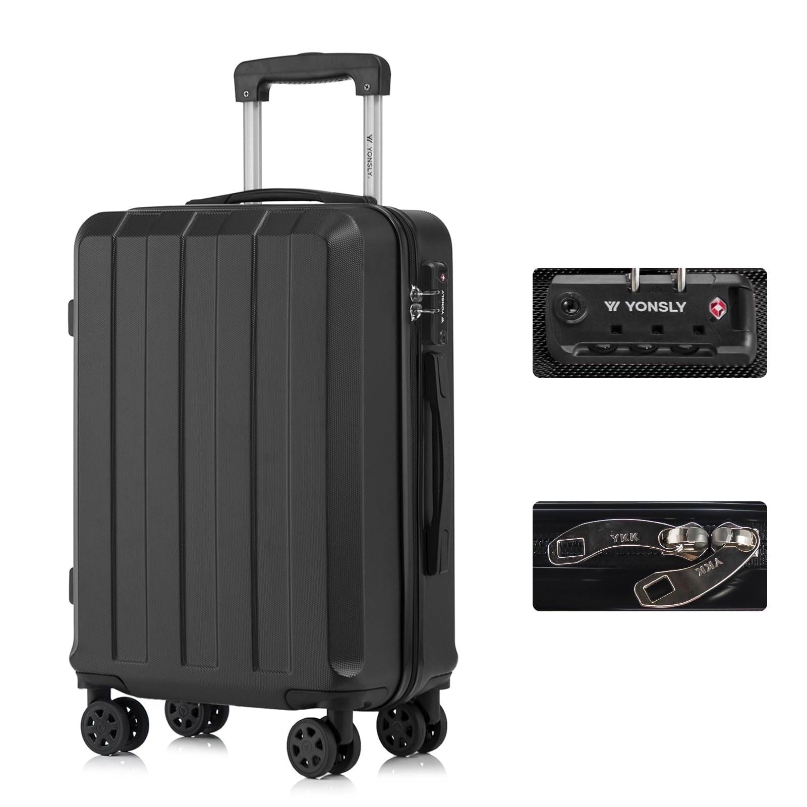 Hartschalen-Reisekoffer in Schwarz, Seitenansicht, mit Trolleygriff, TSA-Schloss, 4 Rollen