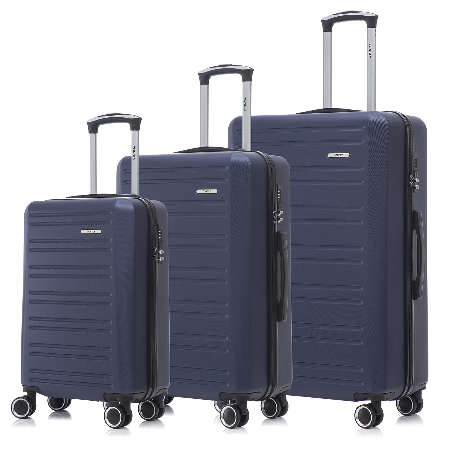 Hartschalen-Kofferset mit 3 Rollkoffern, dunkelblauer Look, Teleskopgriffe, Doppelrollen