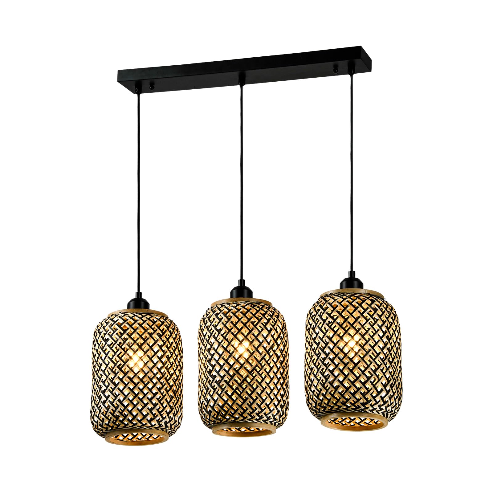 Pendellampe mit drei Rattan-Laternen, schwarz-gold geflochtene Körbe