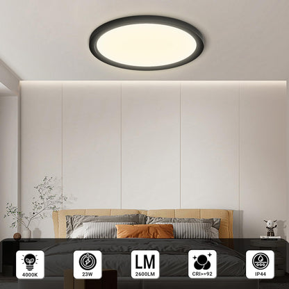 Runde LED-Deckenleuchte mit schwarzer Einfassung, weißer Leuchtfläche; IP44-Icon.