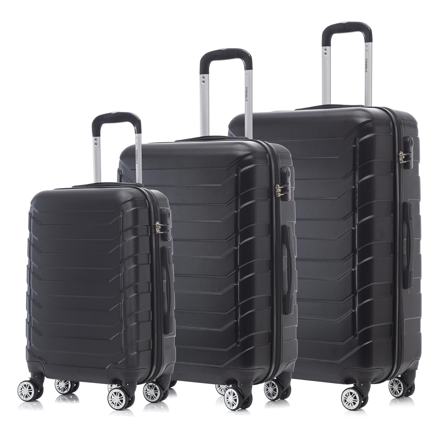 Reisekoffer-Set aus Hartschale, 3 Trolleys in Schwarz mit 360° Rollen und Steckgriffen