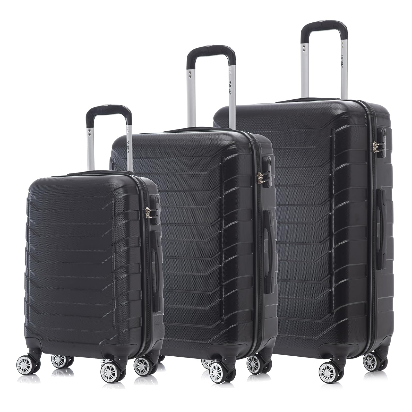 Reisekoffer-Set aus Hartschale, 3 Trolleys in Schwarz mit 360° Rollen und Steckgriffen