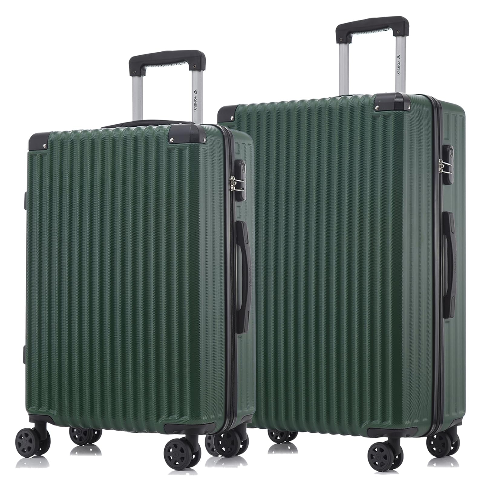 Dunkelgrünes Hartschalen-Trolleykoffer-Set mit 4 Rollen, doppeltem Griff und Zahlenschloss