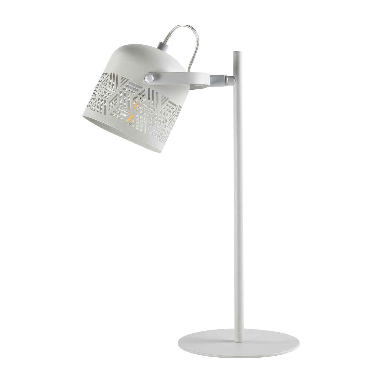 LED-Tischlampe mit weißem Metallständer und gemustertem Schirm, drehbarer Kopf