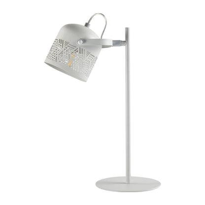 LED-Tischlampe mit weißem Metallständer und gemustertem Schirm, drehbarer Kopf