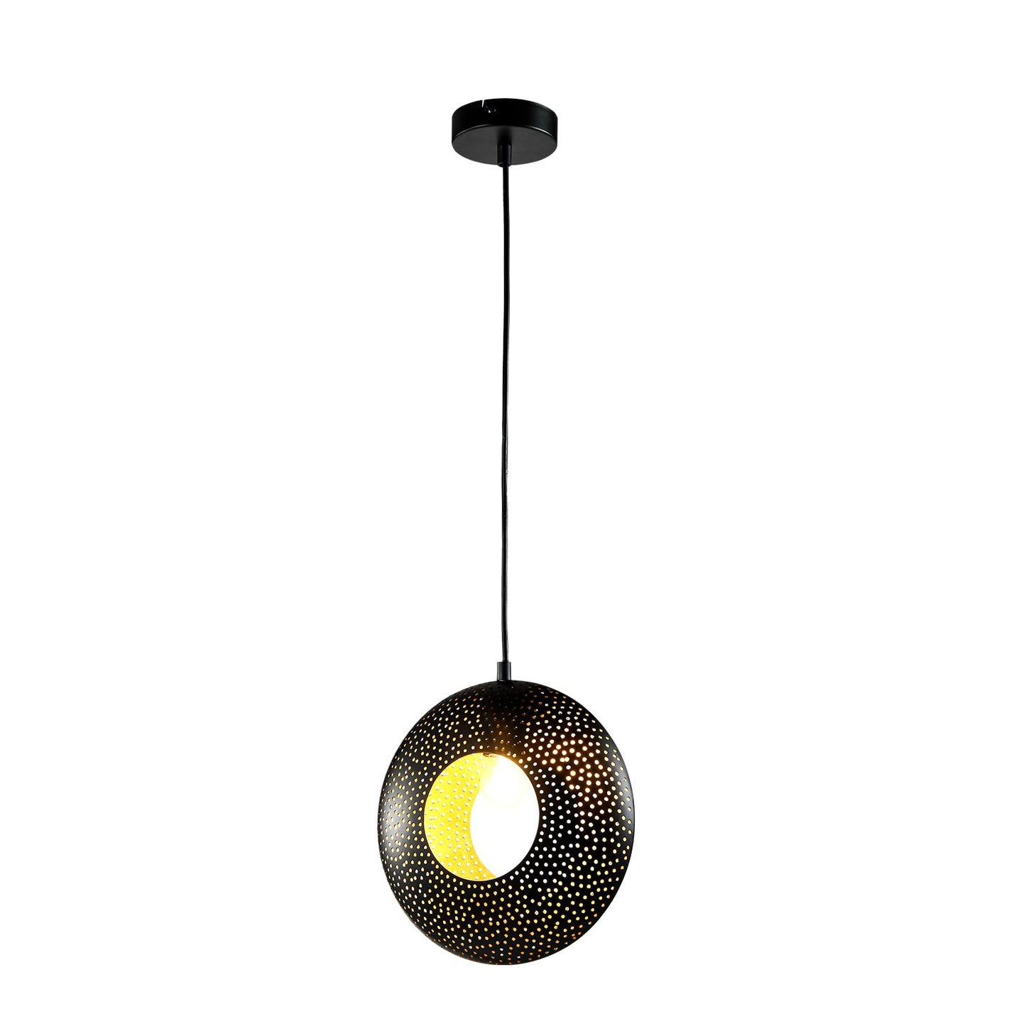 Schwarze Pendellampe mit rundem Lochschirm und goldenen Punkten, E27-Fassung