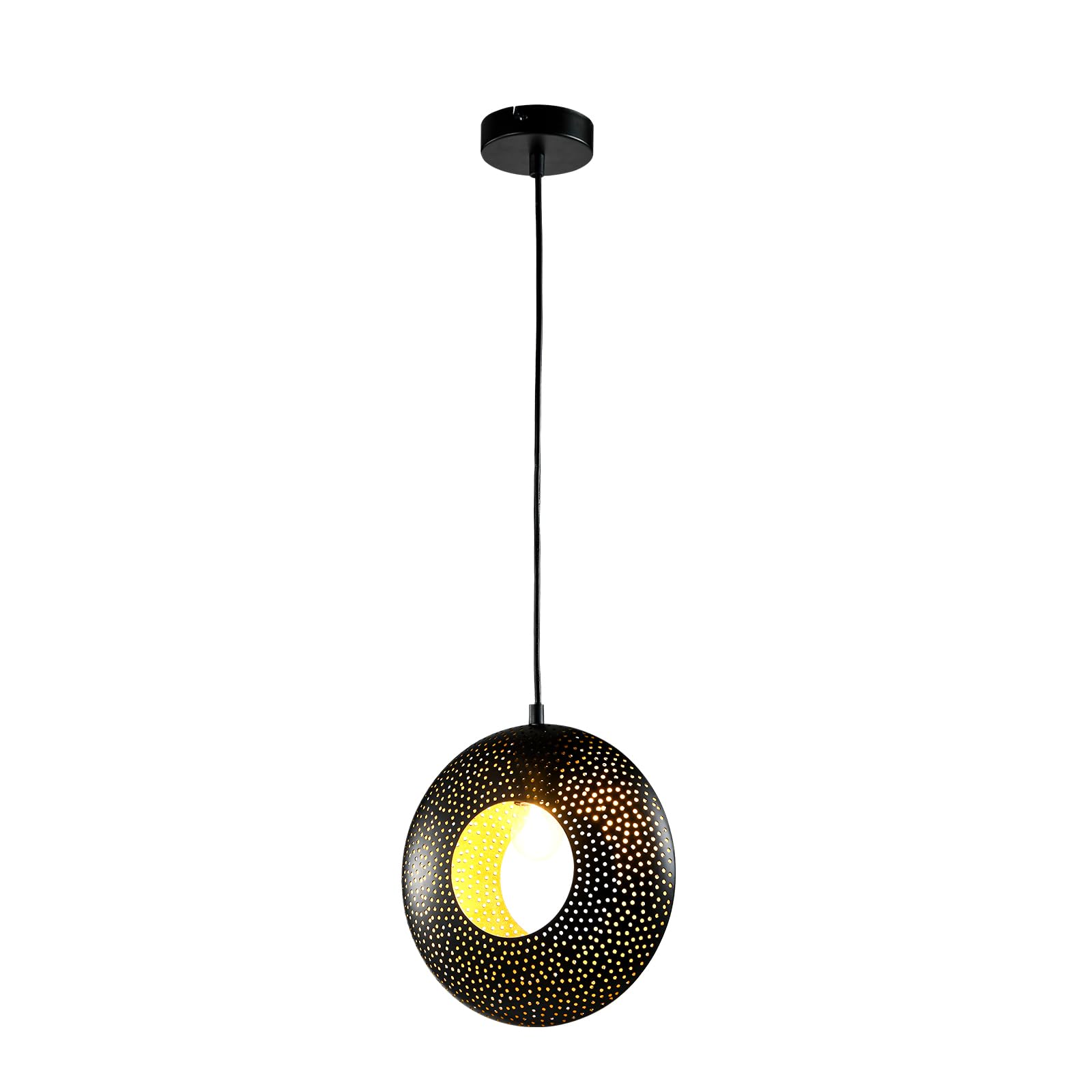 Schwarze Pendellampe mit rundem Lochschirm und goldenen Punkten, E27-Fassung